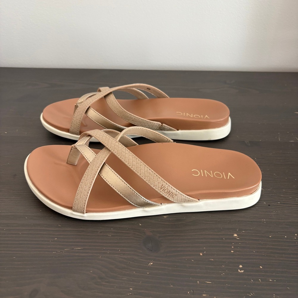 Vionic Sandals Daisy 8 Rose Gold Metallic Strappy Orthotic Toe Post